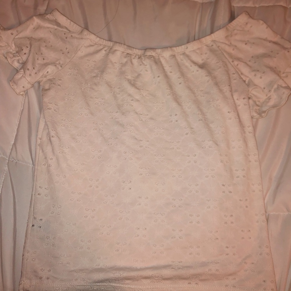 Eyelet off the shoulder lettuce hem shirt!